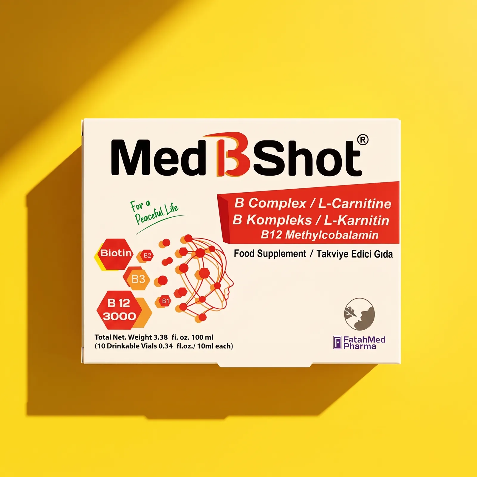 Med B Shot — showcase visualisation, generated from the photographed carton
