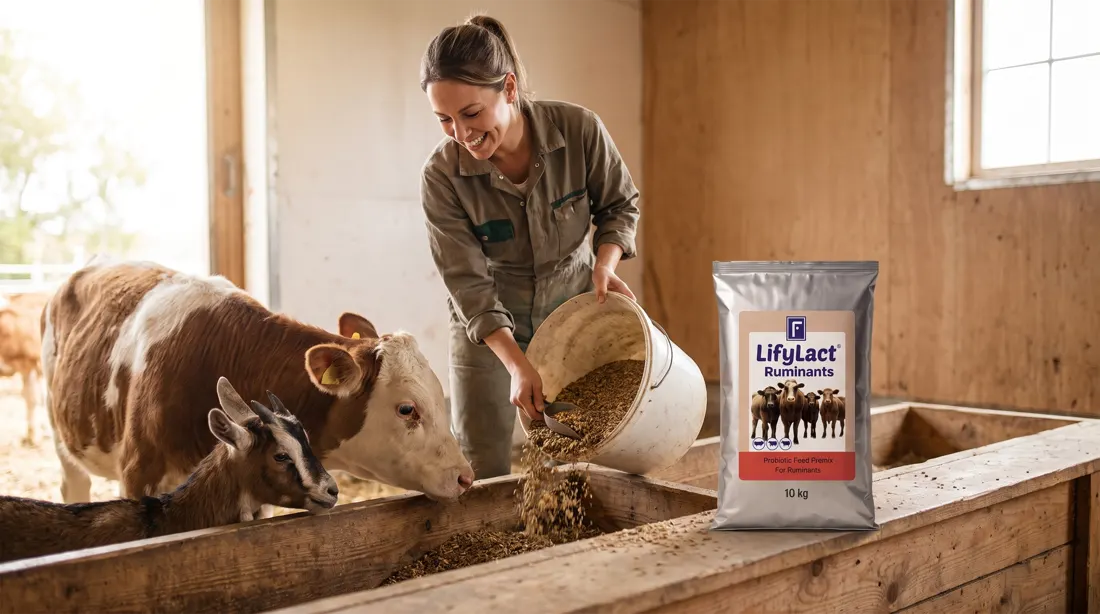 A farmer scooping feed into a trough for a calf and a young goat, with LifyLact Ruminants feed premix in the foreground