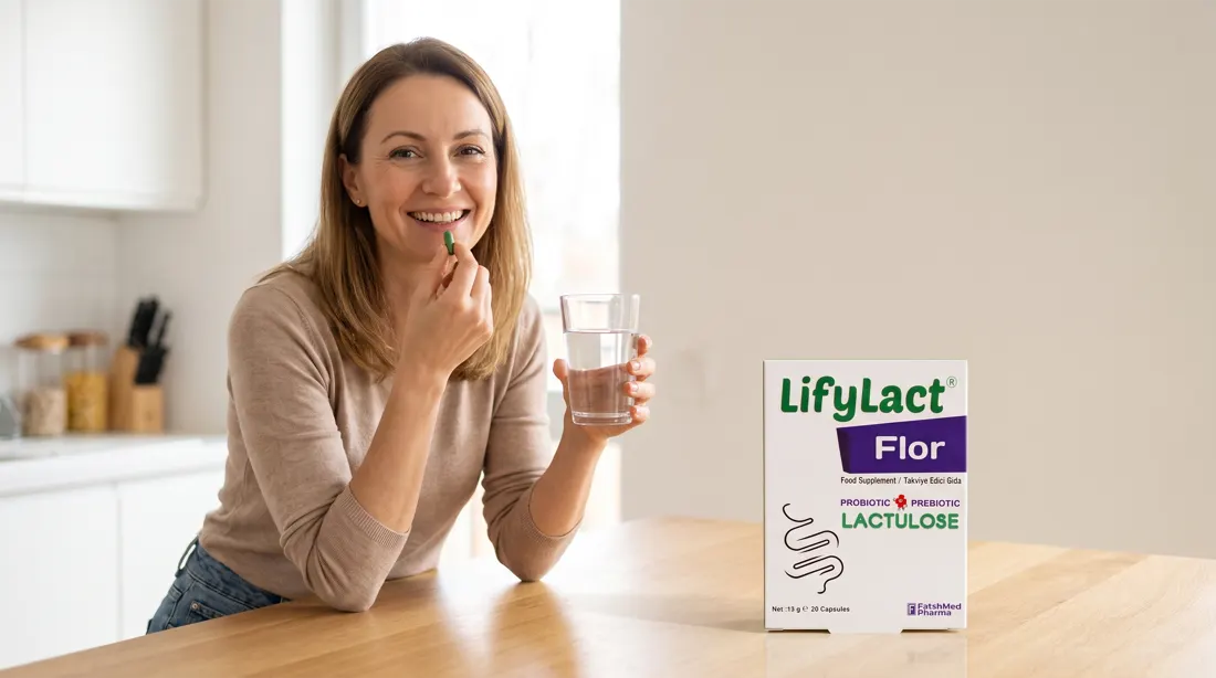 A woman at a sunny breakfast table taking a capsule, with a pack of LifyLact Flor on the table in front
